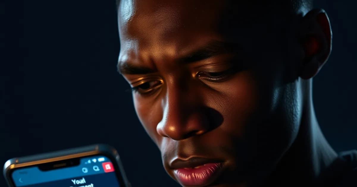 Un jeune Sénégalais regarde avec inquiétude l'écran de son smartphone après un paiement mobile suspect, la nuit.