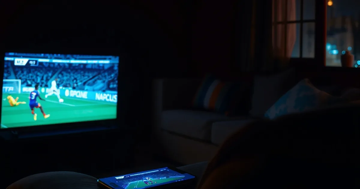 Salon sénégalais dans la pénombre avec un match de football en direct sur une Smart TV et un smartphone à proximité