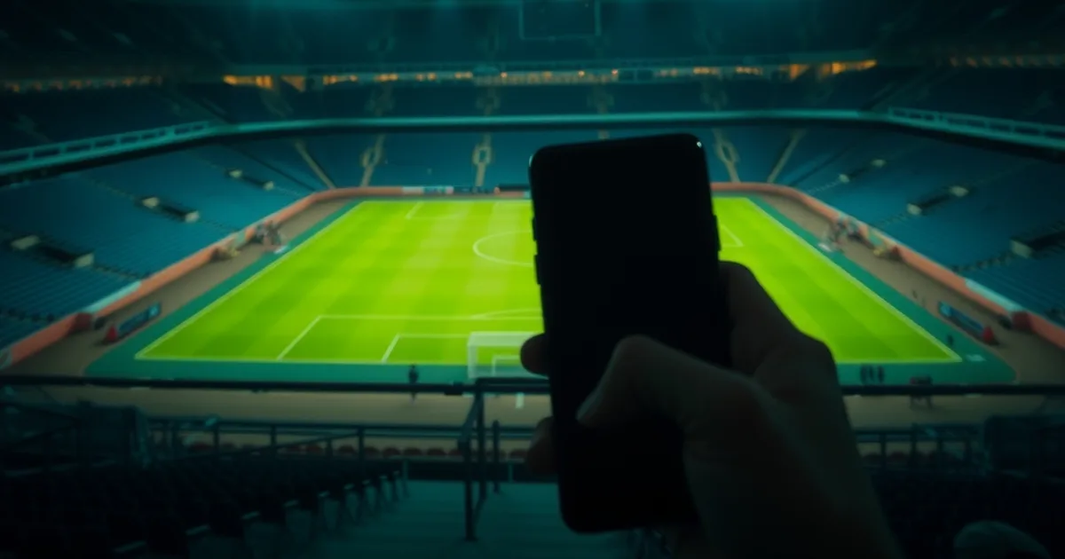 Stade de football illuminé la nuit, ambiance sombre et cinématographique évoquant un match de compétition africaine suivi en direct