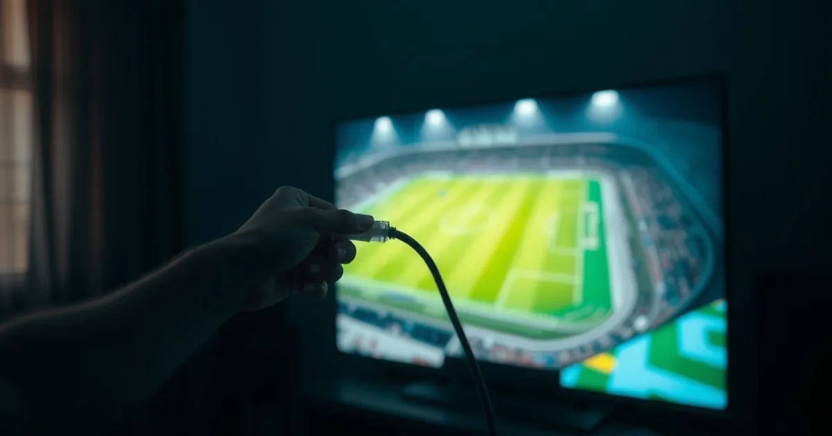 Main branchant un câble Ethernet à l'arrière d'un téléviseur, avec un match de football flouté en arrière-plan sur l'écran, dans un salon sombre et ambiancé.