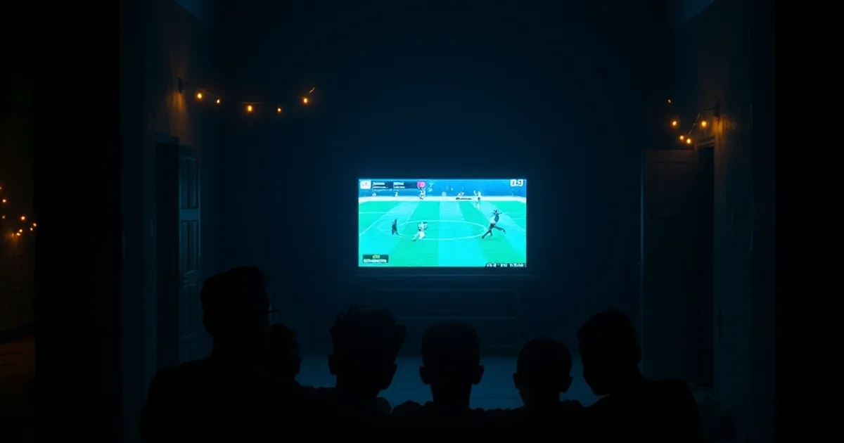 Famille sénégalaise réunie de nuit dans une cour, éclairée par la lumière bleutée d'un téléviseur diffusant un match de football