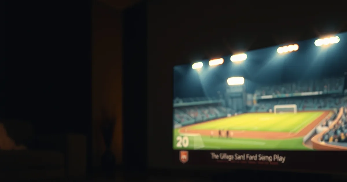 Salon plongé dans la pénombre avec une télévision allumée diffusant un match de football et un smartphone posé à proximité, ambiance nocturne premium