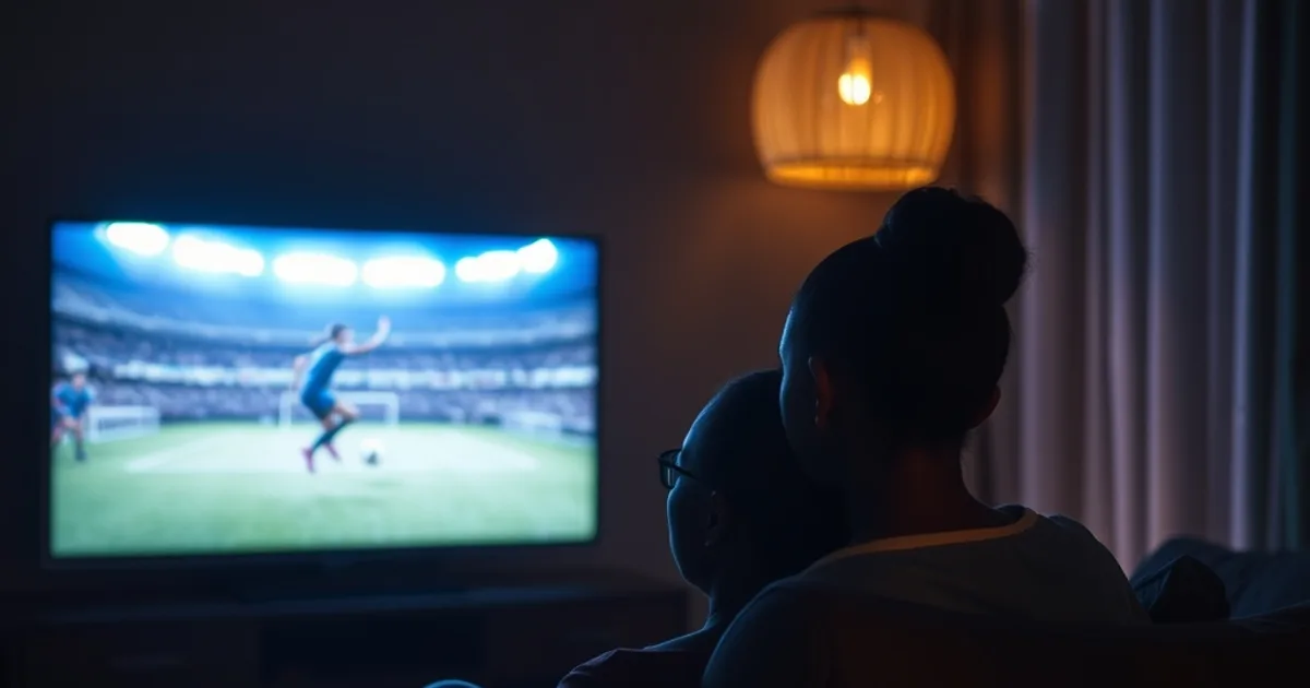 Une mère et sa fille regardent ensemble un match des Lionnes du Sénégal en direct sur une télévision connectée, dans un salon plongé dans la pénombre.
