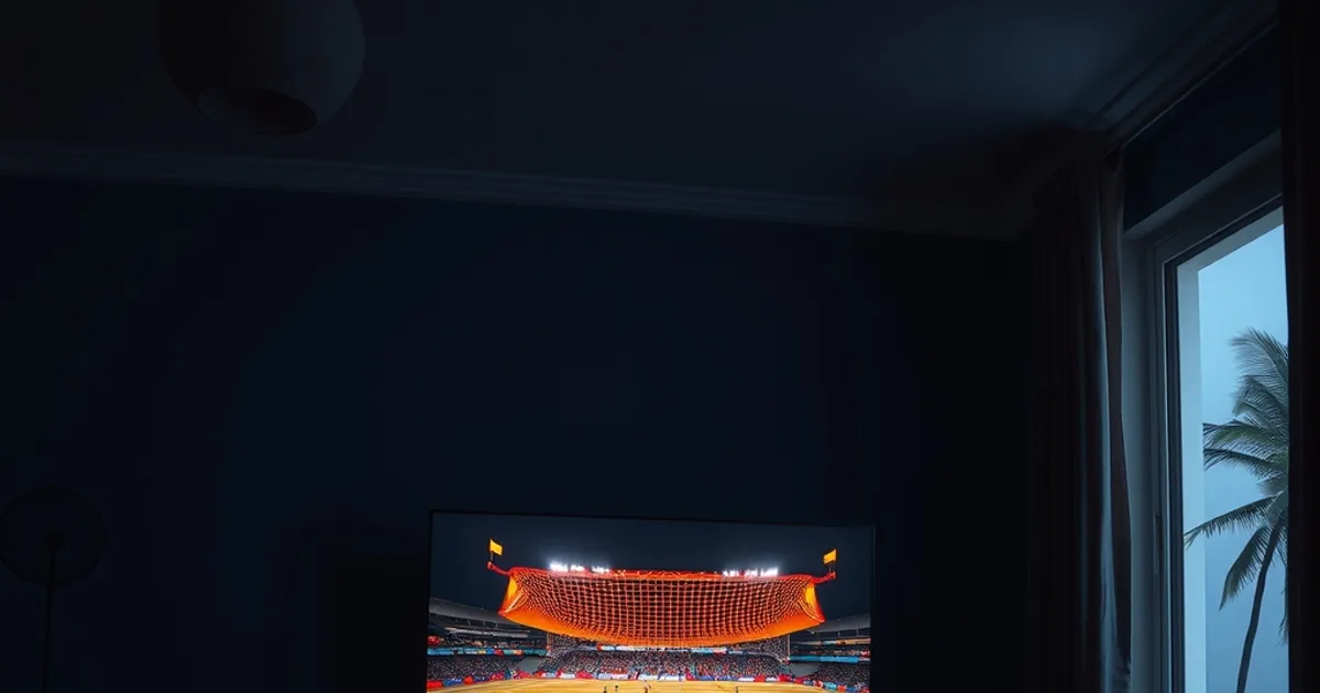 Salon plongé dans la pénombre à Dakar, écran de télévision allumé sur un match de football, lumière chaude du terrain contrastant avec un intérieur bleu nuit.