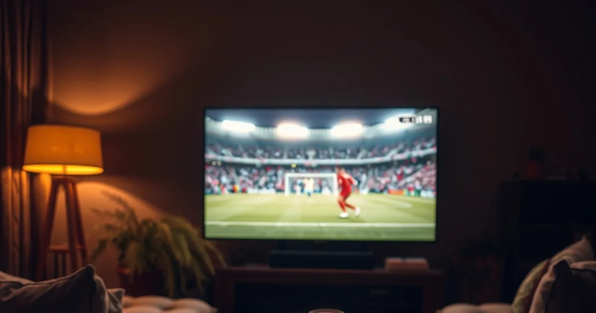 Salon sombre et cinématographique avec un écran de télévision allumé diffusant un match de football en direct