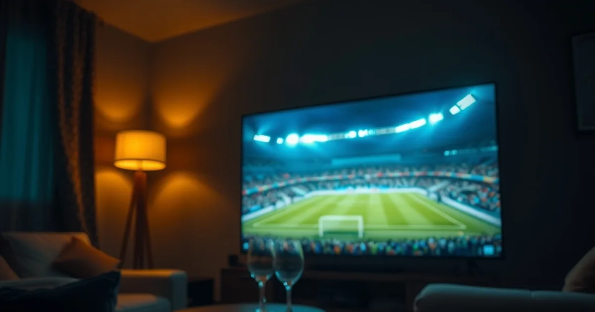 Salon plongé dans la pénombre à Dakar, grand écran diffusant un match de Ligue des Champions en soirée, ambiance cinématique bleu-vert et téléphone avec application de paiement mobile au premier plan.