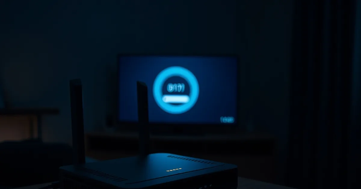 Routeur aux voyants lumineux dans un salon sombre, télévision en arrière-plan affichant un cercle de chargement, ambiance nocturne