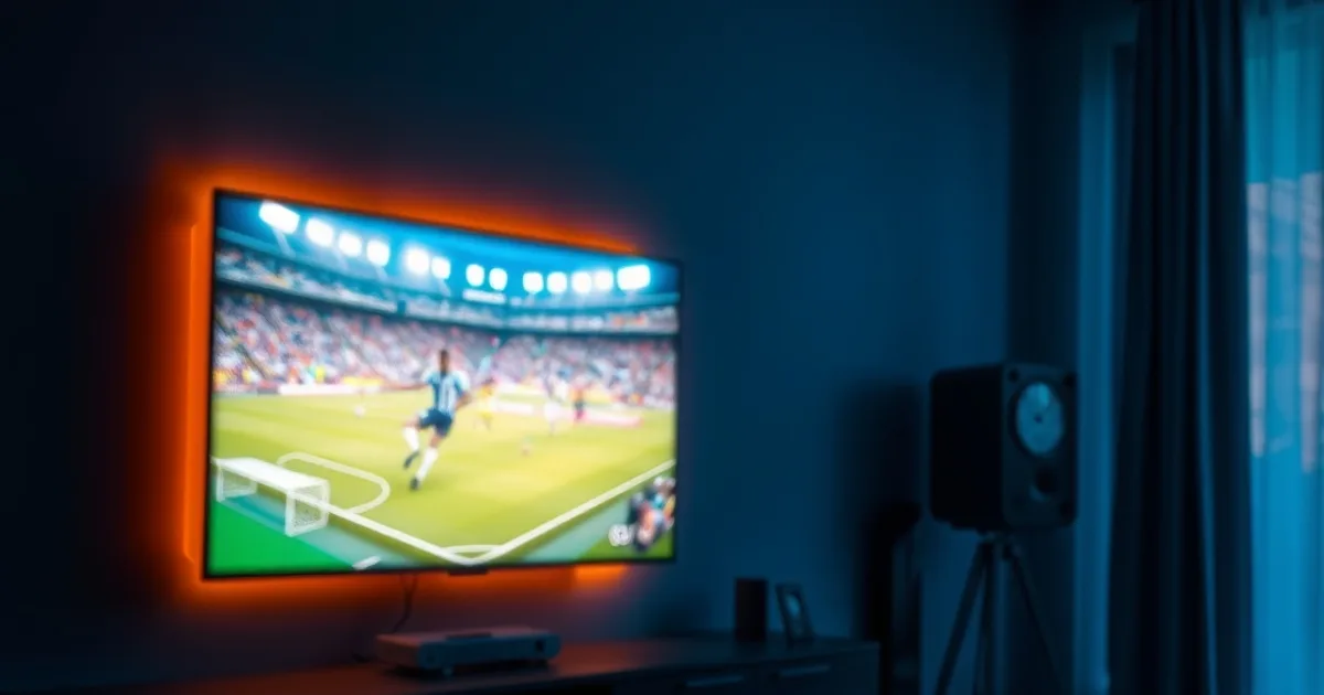 Salon sombre et cinématographique avec une Smart TV allumée diffusant un match de football, ambiance premium au Sénégal.