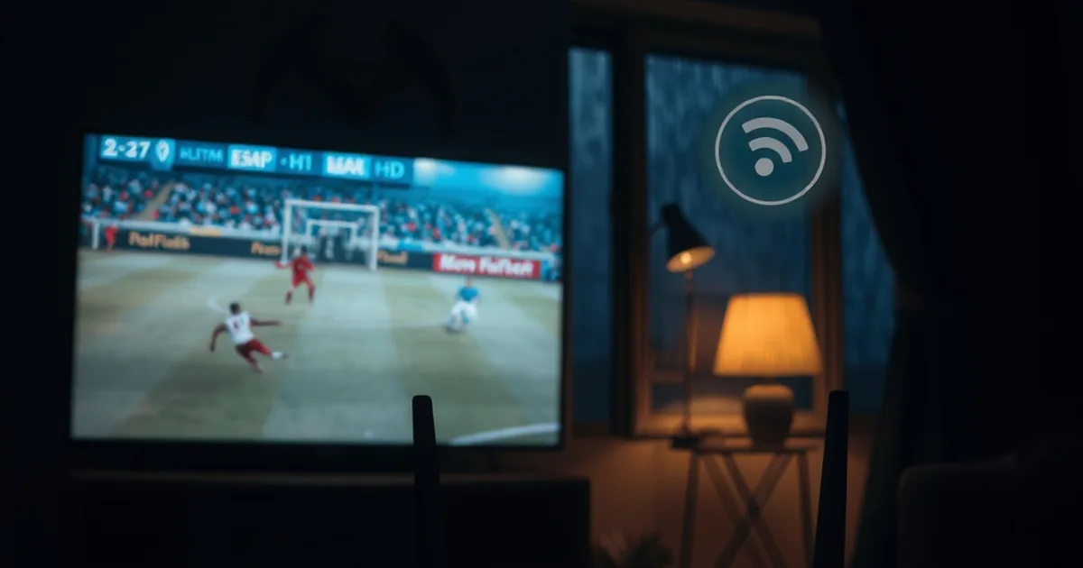 Salon plongé dans la pénombre avec un écran de télévision diffusant un match de football, moitié net en Ultra HD et moitié pixelisé, un routeur Wi-Fi allumé au premier plan.