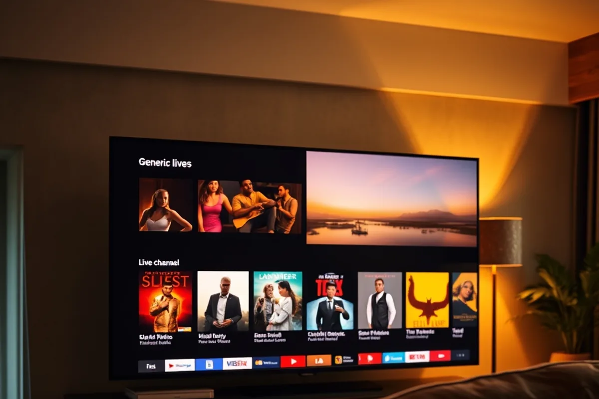 Téléviseur dans un salon sénégalais montrant une grille de chaînes locales et africaines, illustrant un abonnement IPTV tout-en-un