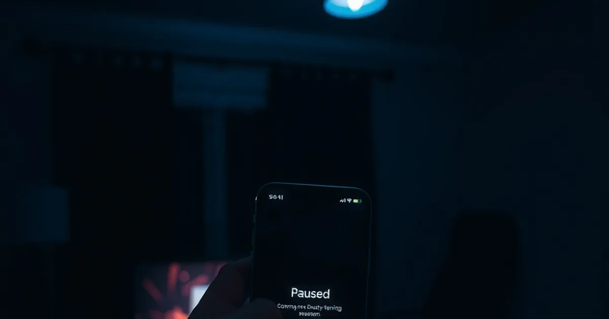 Smartphone affichant un flux de streaming interrompu dans un salon plongé dans la pénombre, ambiance nocturne à Dakar