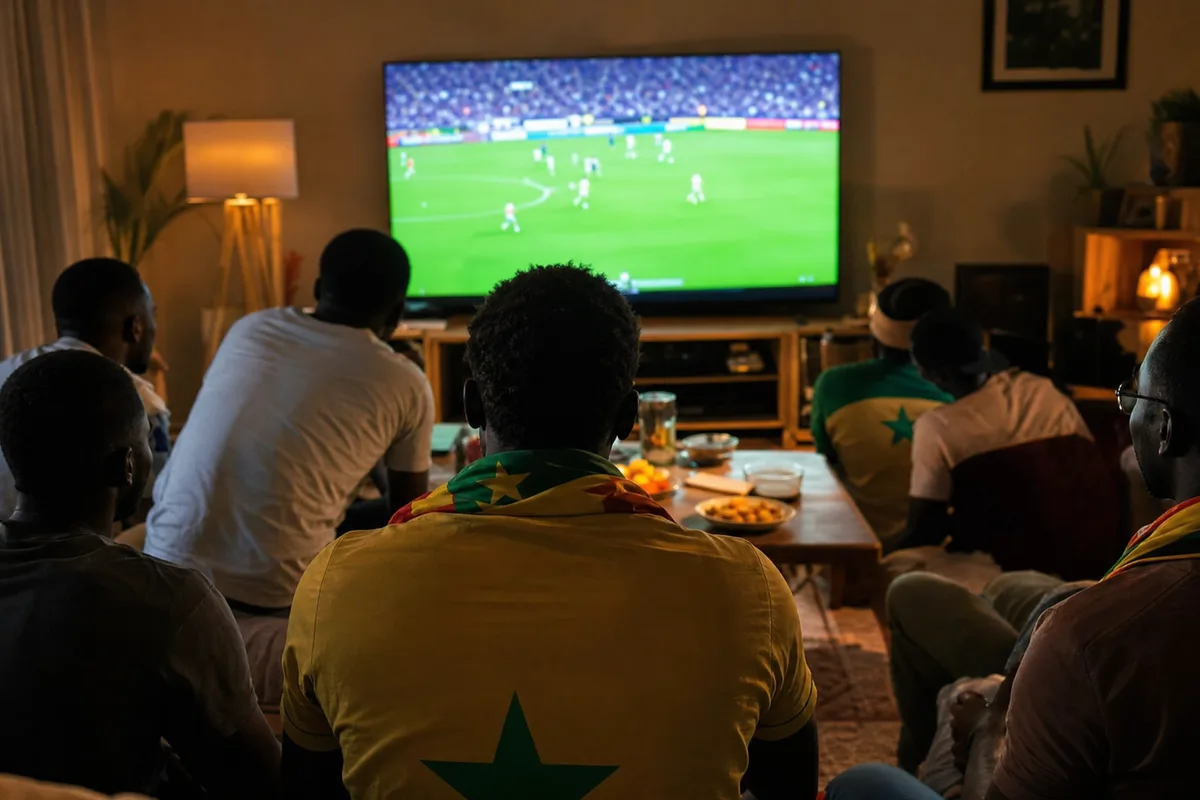 Match de football sur un grand téléviseur dans un salon sénégalais, des supporters réunis le soir devant les Lions de la Téranga