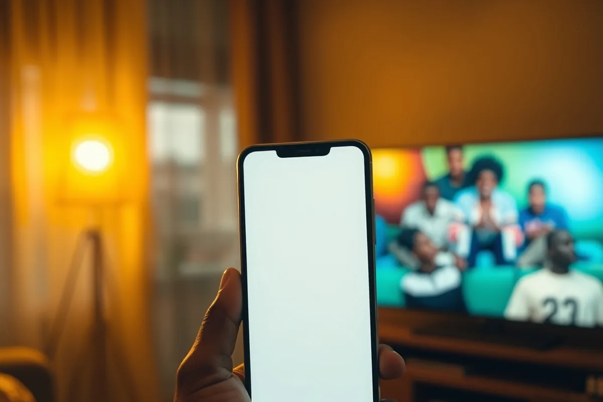 Main tenant un téléphone qui affiche un paiement mobile money à côté d’un téléviseur, illustrant le règlement d’un abonnement IPTV par Wave ou Orange Money