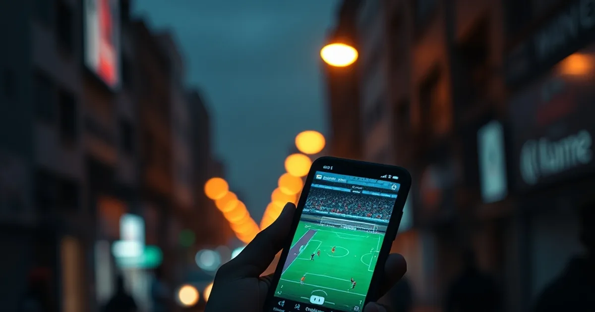 Main tenant un smartphone diffusant un match de football en direct dans une rue de Dakar au crépuscule