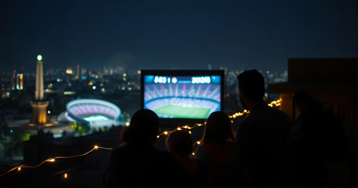 Une famille regarde depuis une terrasse à Dakar, de nuit, un grand écran diffusant une scène de stade olympique illuminé.