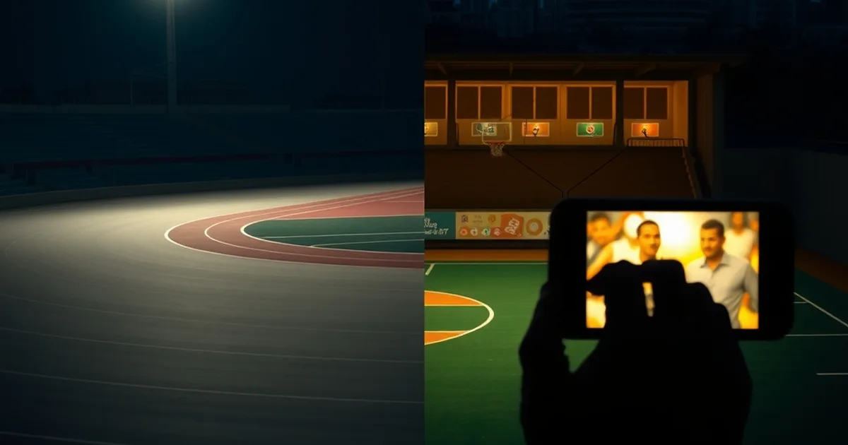Piste d'athlétisme et terrain de basketball illuminés la nuit sous des projecteurs de stade, avec des écrans de streaming en premier plan et la silhouette de Dakar en arrière-plan.