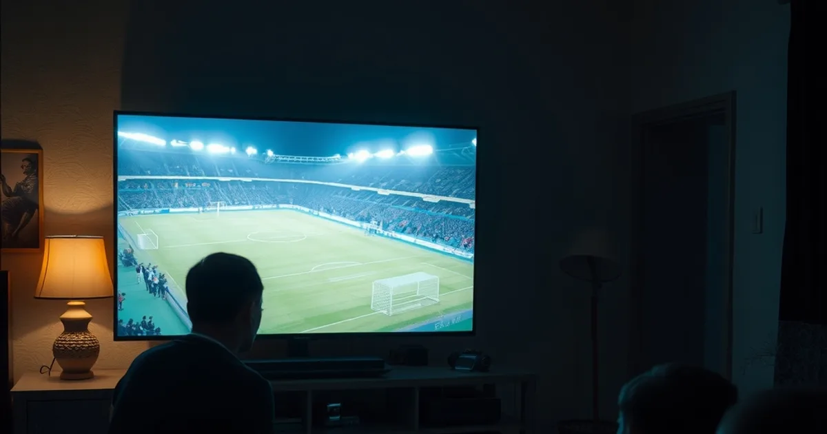 Salon plongé dans la pénombre, une télévision diffuse un stade européen illuminé pendant qu'un smartphone affiche un second match sur la table basse, silhouette d'une famille attentive