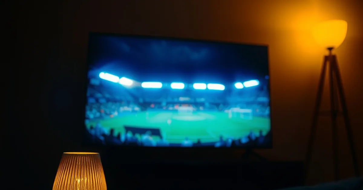 Salon plongé dans la pénombre avec un téléviseur allumé projetant la lumière d'un stade de football, ambiance cinématique nocturne