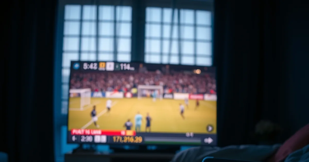Salon plongé dans la pénombre avec une télévision affichant un match de football en chargement, un smartphone et une tablette posés à côté comme appareils de secours