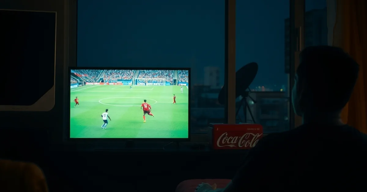 Salon plongé dans la pénombre au Sénégal, un supporter regarde un match de Ligue 1 en direct sur grand écran via une box IPTV, une parabole satellite éteinte visible au loin par la fenêtre.