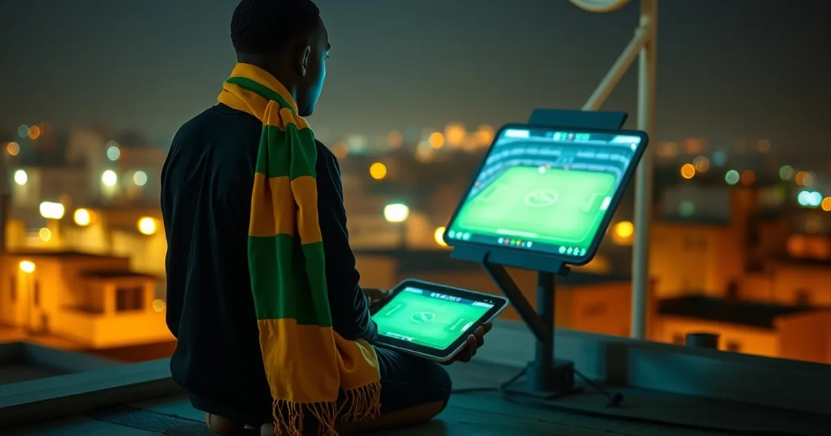 Un supporter regarde un match de Ligue 1 française en direct sur une tablette, de nuit, sur un toit à Dakar