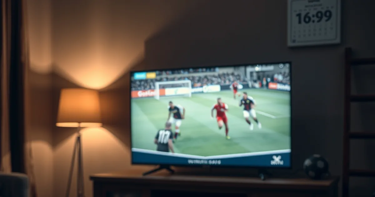 Salon sénégalais en soirée avec une télévision allumée diffusant un match de football et une box IPTV posée sur la console, ambiance cinématographique sombre