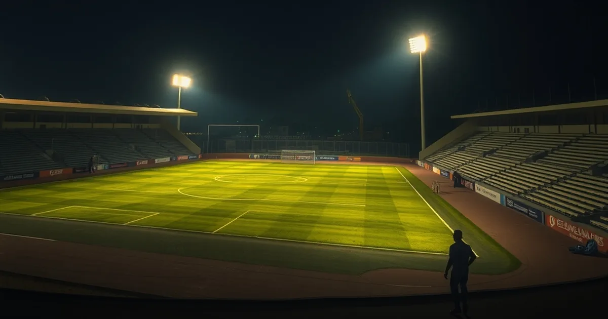 Stade de football sénégalais de deuxième division éclairé au crépuscule, ambiance sombre et cinématique