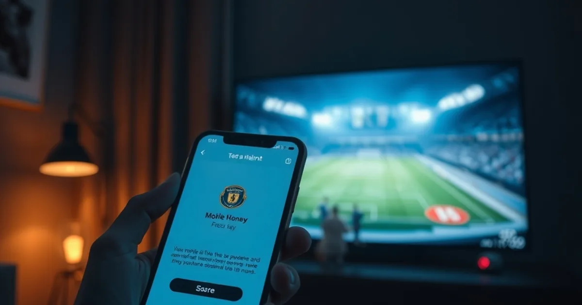 Smartphone affichant un paiement mobile à côté d'une télévision allumée sur un match de football, ambiance sombre et cinématique