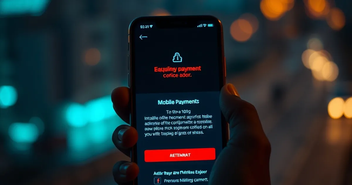 Main tenant un smartphone la nuit avec un écran de paiement mobile à la lueur rougeâtre, silhouette de Dakar en arrière-plan, ambiance tendue
