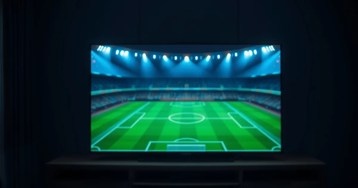 Salon plongé dans la pénombre, éclairé par l'écran d'un téléviseur diffusant un terrain de football stylisé, avec une télécommande et un boîtier IPTV posés sur une table en bois.