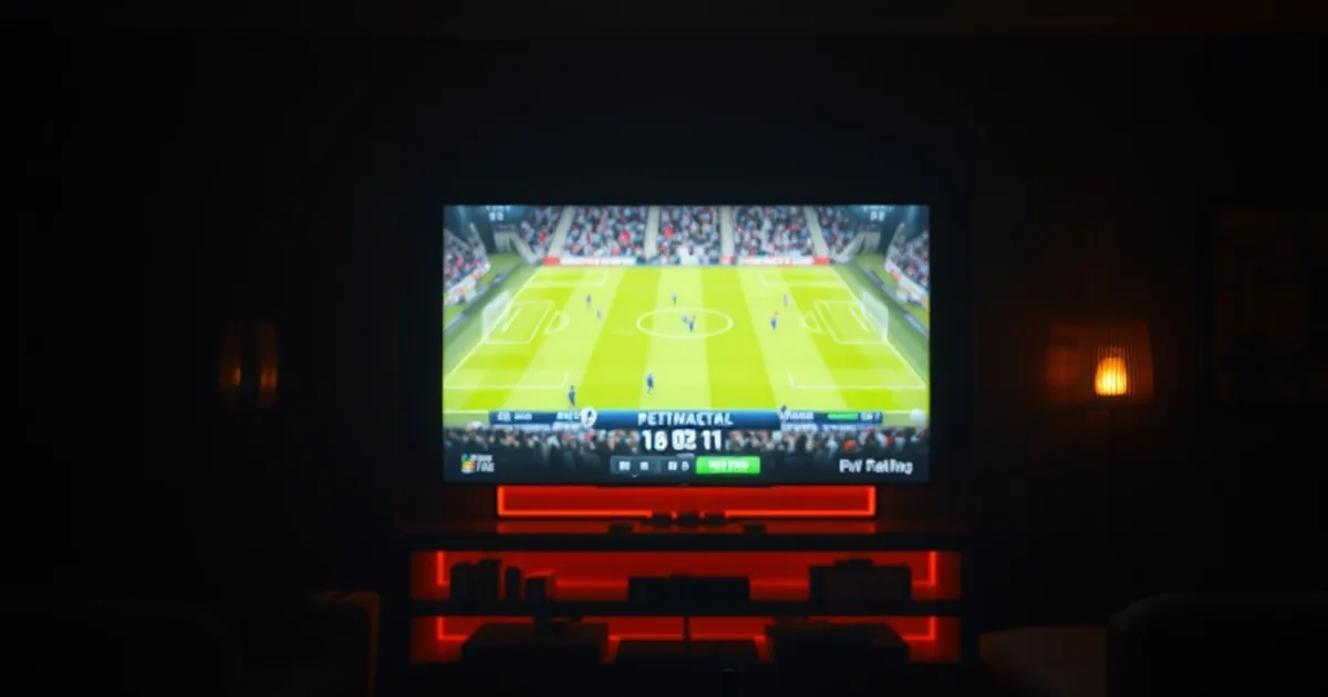 Salon plongé dans la pénombre, éclairé par un match de Premier League diffusé en IPTV sur grand écran, boîtier streaming visible au premier plan