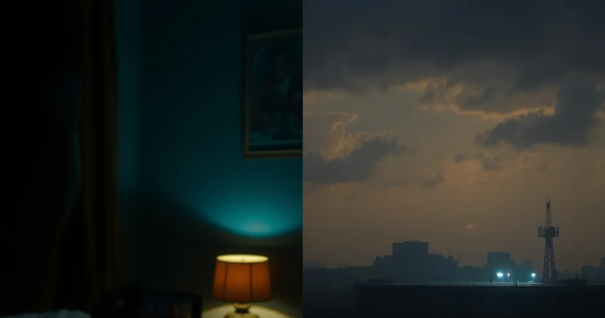 Scène nocturne stylisée d'un téléphone diffusant un match de football en direct dans un salon sombre, avec en arrière-plan une tour de télécommunication sous un ciel orageux symbolisant le risque réseau