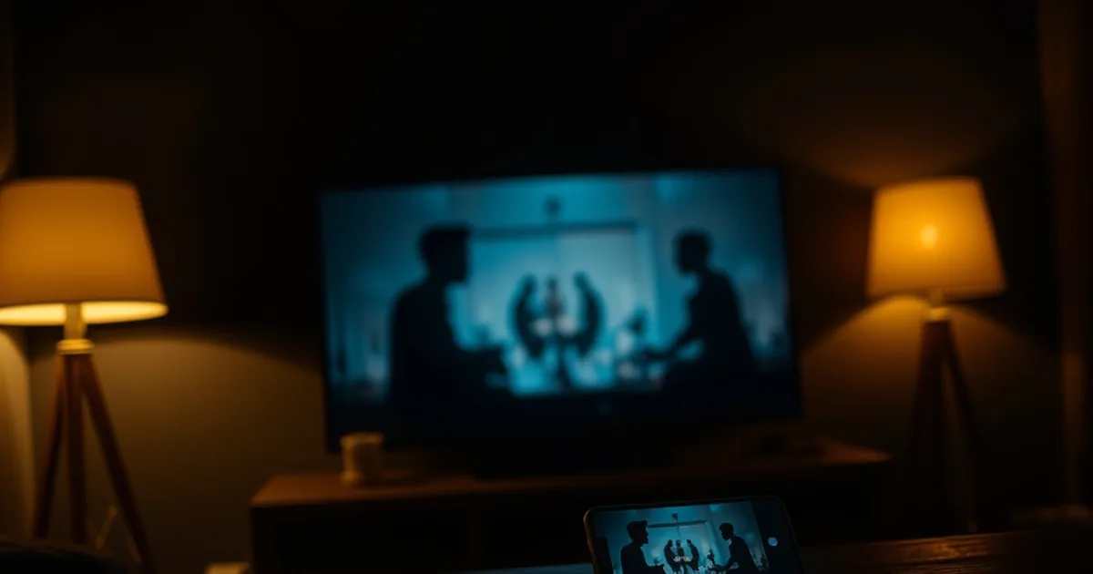 Salon plongé dans la pénombre à Dakar, télévision allumée diffusant une série africaine, smartphone posé à côté avec le même contenu