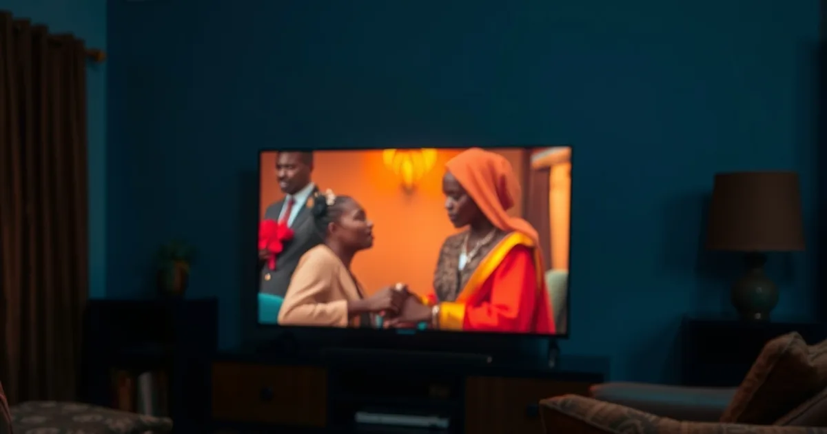 Salon plongé dans la pénombre, éclairé par la lumière chaude d'un téléviseur diffusant une série sénégalaise.