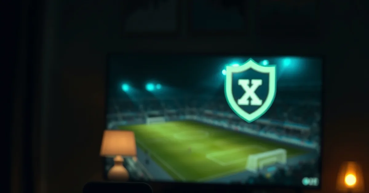 Scène nocturne sombre avec un écran de télévision et un smartphone diffusant un match de football, ambiance premium et technologique